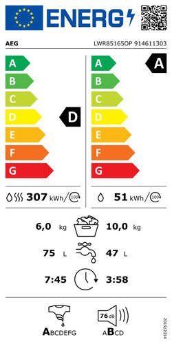 Wolnostojąca pralko-suszarka AEG LWR85165OP POWERCARE UNIVERSALDOSE 10kg