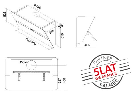 Okap Falmec Flipper 85 czarny błyszczący 800 m³/h przyścienny