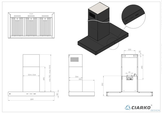 Okap przyścienny Ciarko Minimal 8 Czarny 90 cm wyciąg