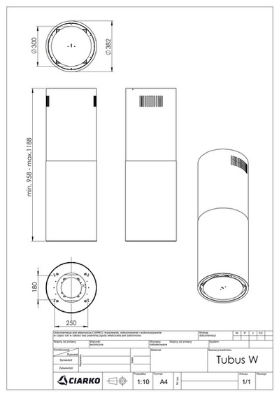 Okap wyspowy Ciarko TUBUS W INOX 38cm wyciąg