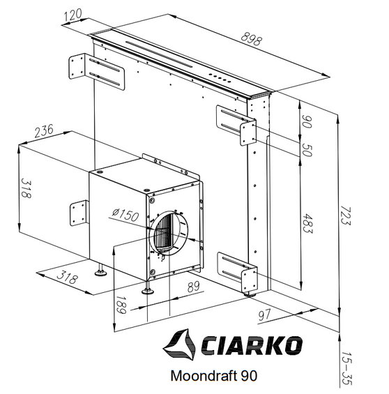 Okap blatowy Ciarko Moondraft  Czarny Mat/Czarne szkło 60cm wyciąg