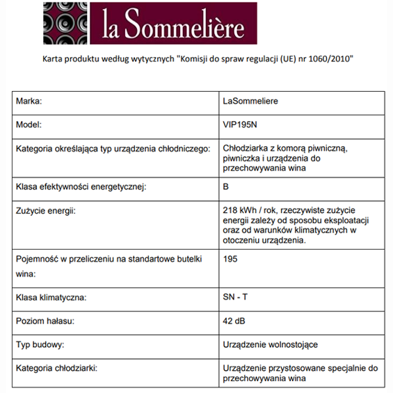 Winiarka wolnostojąca La Sommeliere VIP195N