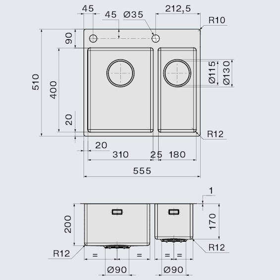 Zlew Falmec Garda Inox 3118 dwukomorowy 31+18 wpuszczany/nakładany